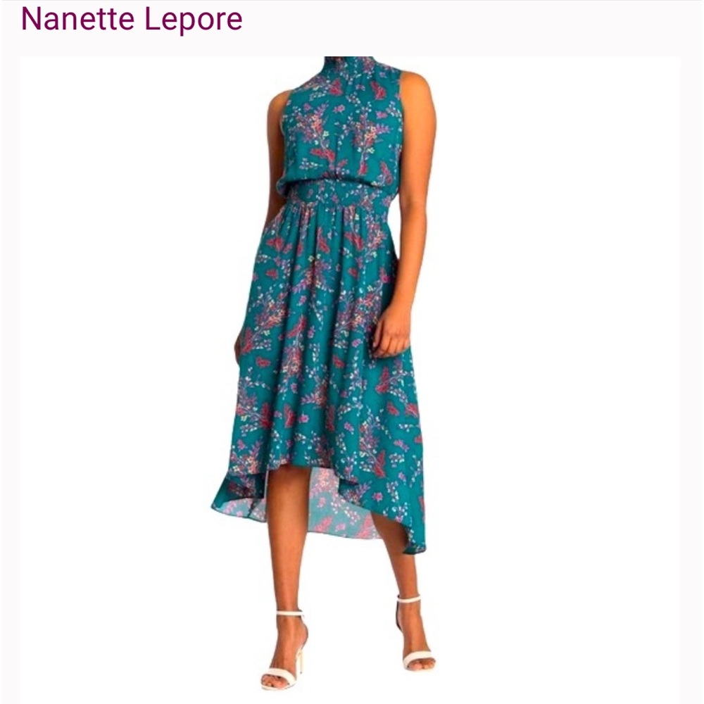 Nanette Lepore High Neck Floral Teal/Blue High/Low Dress Size 4.